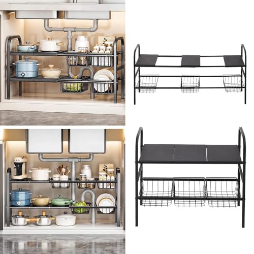 Image of Hukimoyo 2 in 1 Under Sink Storage Organizer 2-Tier Kitchen Organizer Shelf Expandable 54-98cm Kitchen Over Sink Dish Drying Rack with Utensil Holder Stand Space Saving Rack for Counter