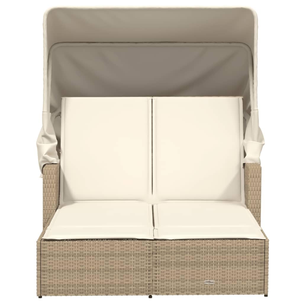 Homgoday Lettini da Giardino,Lettino Doppio con Baldacchino e Cuscini Beige in Polyrattan,Lettini Prendisole, Divano Letto Mobili, Lettino da Piscina, Lettino Prendisole da Giardino