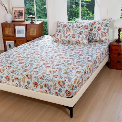Image of FADFAY Full Ivory 100% Egyptian Cotton Paisley Sheets Set 4 Piece, Vintage Botanical Cottagecore Bedding, Soft Breathable Boho Floral Farmhouse Bedding with Deep Pocket Fitted Sheet for All Seasons