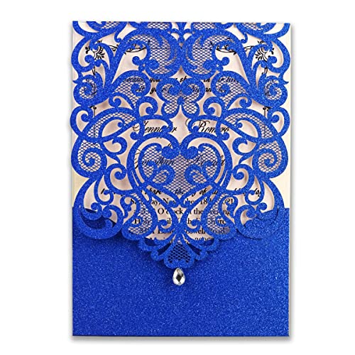 Jofanza 5 x 7.3 Inch 20pcs Royal Blue Laser Cut Wedding Invitations Cards with Rhinestone Vintage Lace Flora Invitation for Quinceañera Birthday Party Invites (Royal Blue Glitter)