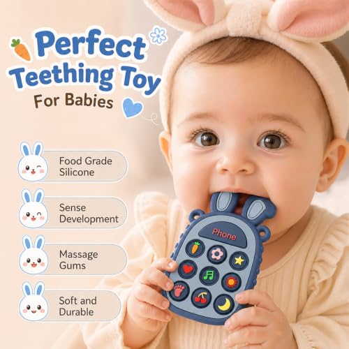 Image of Press Phone Teether for Baby Girls, Soft Silicone Teething Toy, Sensory Toy | Teething Relief, BPA-free, Freezer, for Baby 3 Months+, Cute Rabbit Design with Textures and 9 Patterns, Press & Pop for Fun!
