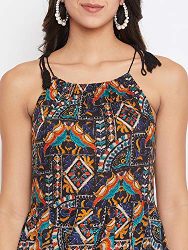 Image of HELLO DESIGN Women Navy Printed Shoulder Straps A-line Maxi Dress