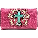 Zelris Western Turquoise Stone Cross Women Crossbody Wrist Handle Trifold Wallet (Pink)