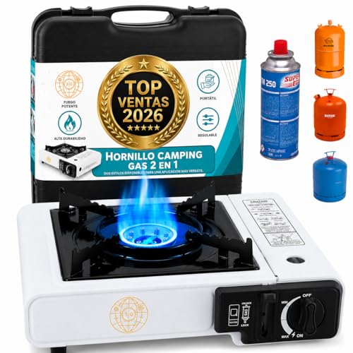 Campin Gas, 2 en 1, Hornillo Camping Gas Portátil, Adaptador para Bombona Grande o para Cartuchos,...