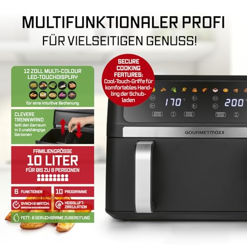 GOURMETmaxx Heißluftfritteuse AirGenius 10L | 2x5L Airfryer Vario-Kammer | Fritteuse mit 10 Programmen & Touchscreen | Heißluftfritteuse 2 Kammern | Heissluftfritteuse Doppelkammer für max. 8 Personen 3