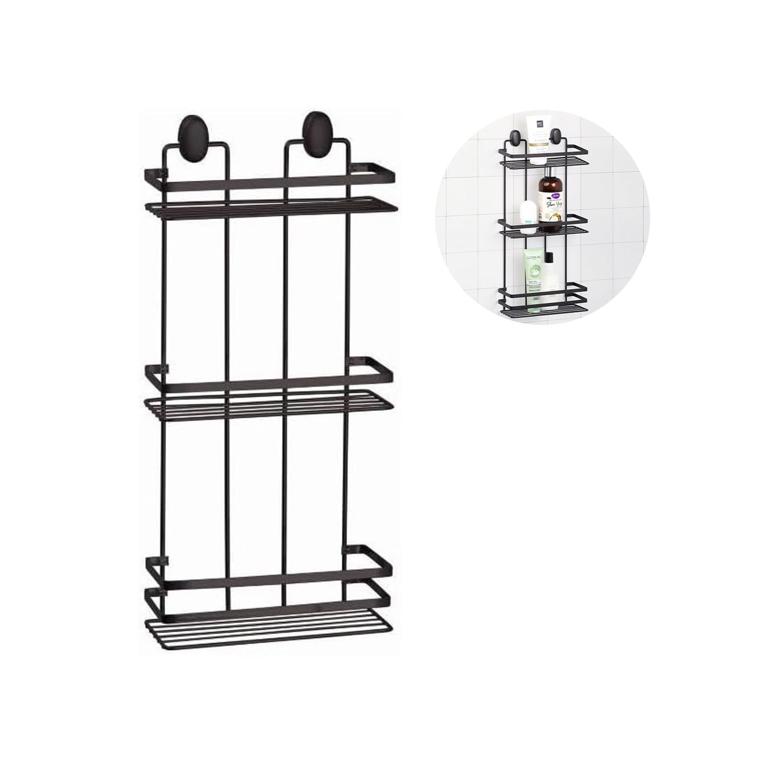 Avilia Estantería Rectangular de baño con 3 estantes – Estantería para Ducha de Pared con 3 estantes, de Acero, 24 x 50 x 11 cm, Negro