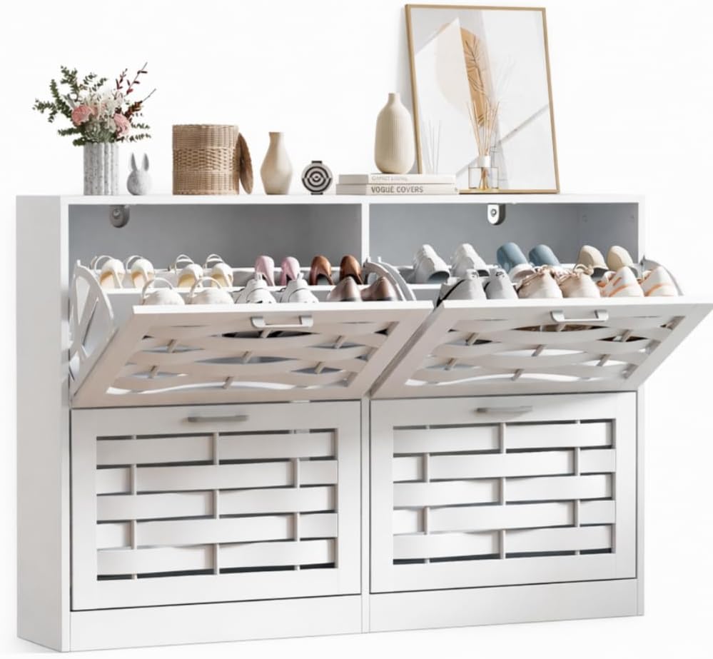 White Shoe Cabinet Storage for Entryway with 4 Flip Drawers, Slim Shoe Rack Cabinet with Stylish Handwoven Panel, Farmhouse Shoe Organizer Cabinet for Hallways, Living Rooms