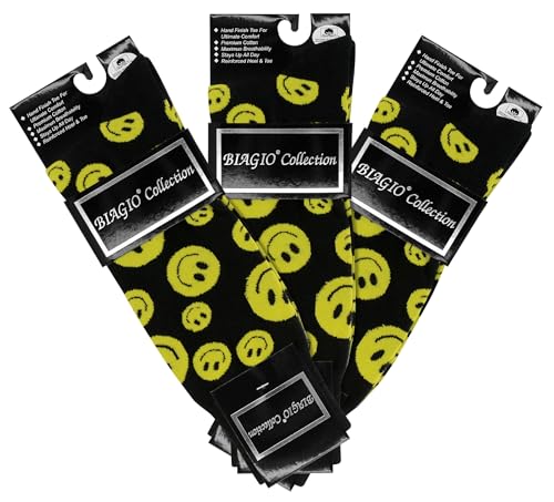 3 Pair of Biagio Solid YELLOW SMILEY FACE Black Color Men's COTTON Dress SOCKS