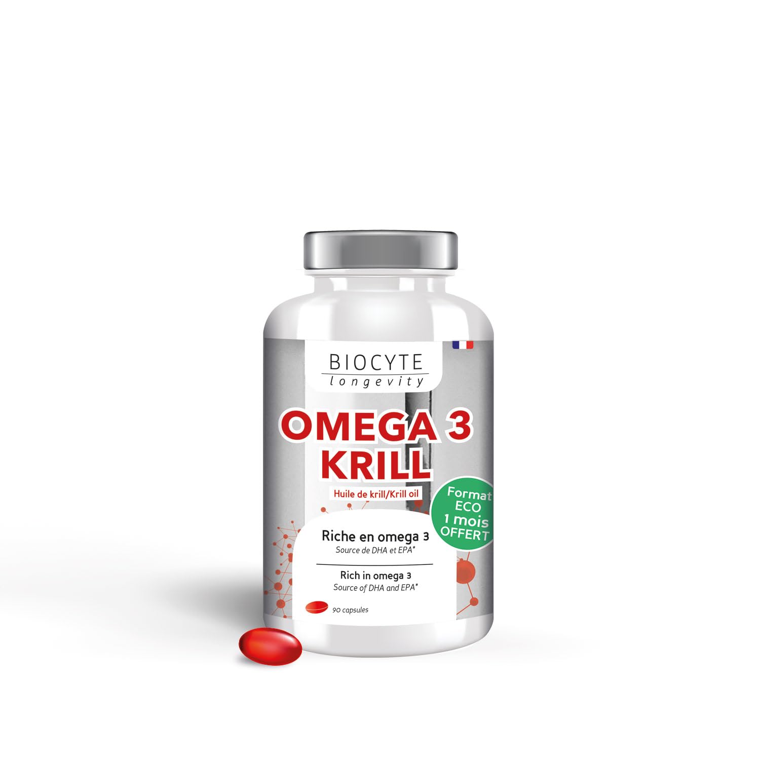 BIOCYTE Oméga 3 Krill - Vision & Fonction Cardiaque Normale - Huile de Krill, Riche En Omega 3 - Programme de 3 Mois