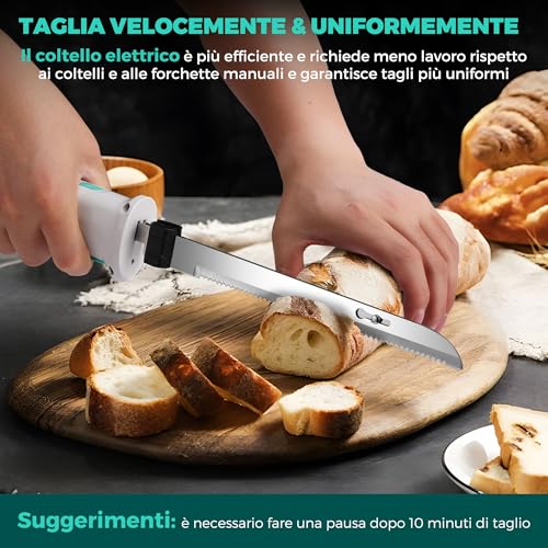 HAUSHOF Coltello Elettrico a Batteria con Coltello da Pane 18cm, Coltello da Bistecca 20cm e Forchetta, Coltello da Cucina Batteria 2000mAh, Ideale per Affettare Cotolette, Pane, Formaggio - Bianco - immagine 6