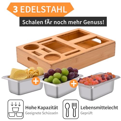 Couchbar Snackbox, Snackspender mit 3X Snackschale, Bambus Sofatablett für Sofa, Deko, Couch Bar mit Getränkehalter, Abnehmbarer Deckel, Snackbox mit Fächern, Couch Organizer Tablett, Sofa Butler