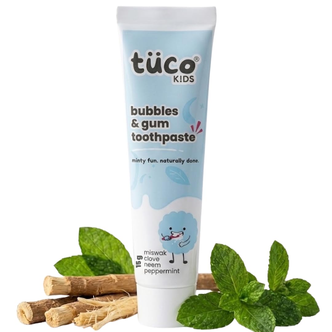 tuco kids anticavity toothpaste for kids, neem, clove & miswak, 15g | with fluoride for cavity & enamel protection, peppermint flavour, sls-free, no added colour, for ages 4-12 years