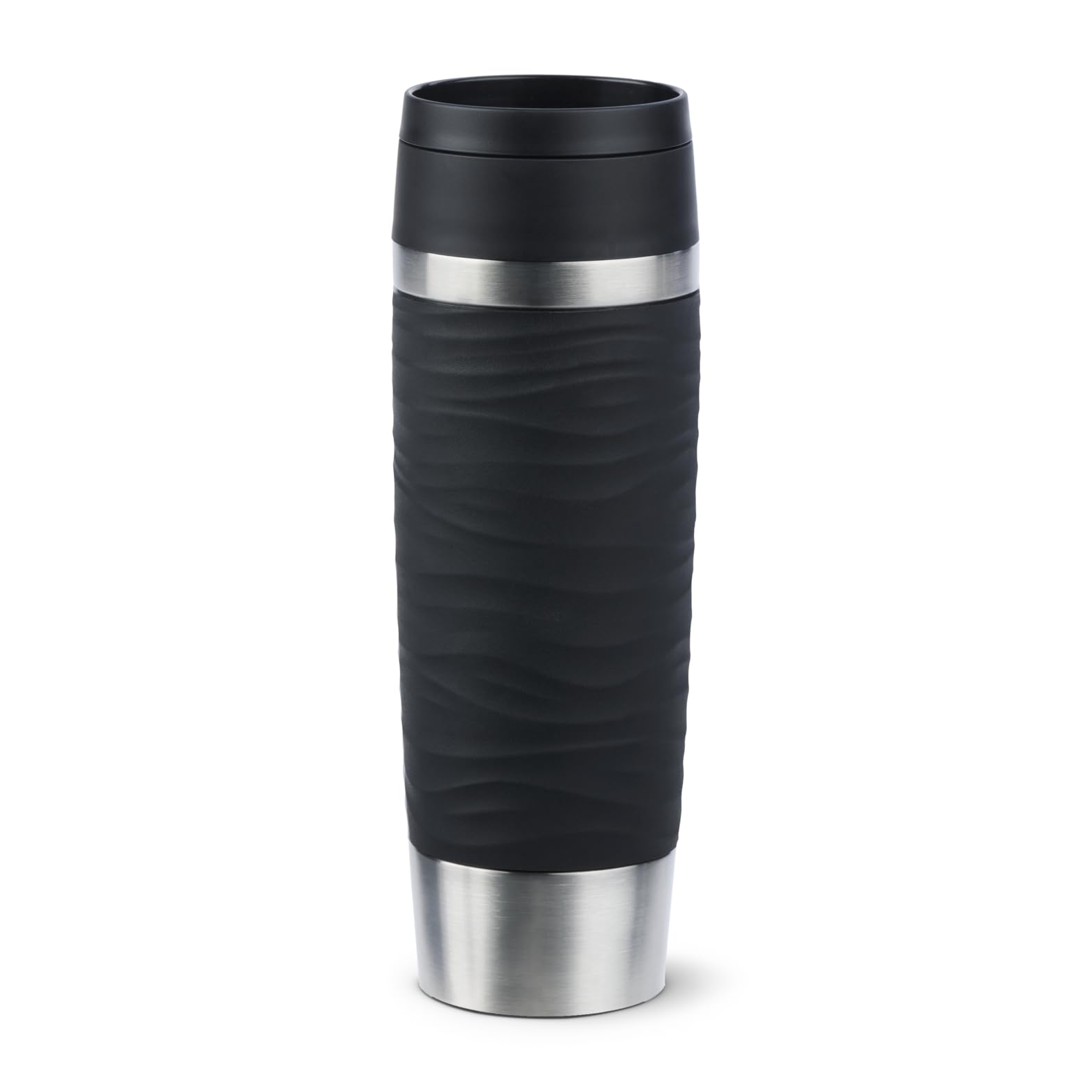 Emsa Travel Mug Wave Thermobecher 500 ml, Isolierbecher auslaufsicher, Edelstahl, 6h heiß und 12h kalt, 100% dicht, spülmaschinenfest, Kaffeebecher to go, 360°-Trinköffnung, schwarz, N20225