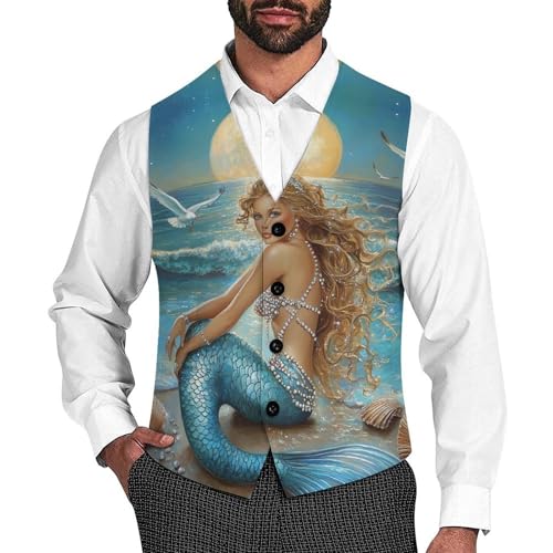 Mermaides Ocean Print Men's Suit Vests Dress Vest V-Neck Waistcoat Slim Business Formal with Pocket