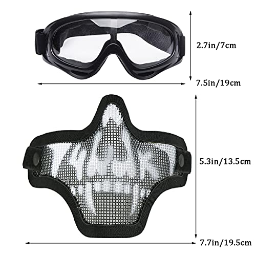 Maschere E Occhiali Da Sole Airsoft, Mezza Faccia Maschera In Maglia Piena Di Acciaio E Occhiali Per Cs/Caccia/Paintball/Tiro (Black Skull Mask) - 7
