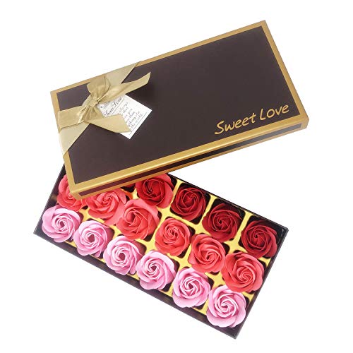 MAYMII - Set de 18 jabones de baño perfumados con forma de flor, hechos con aceite esencial de plantas, en caja de regalo (rosa, azul, rojo o morado a elección)