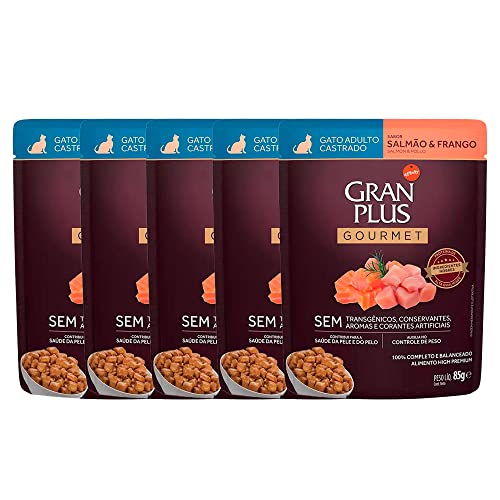 Kit 5 Rações Úmidas Gran Plus Sachê Gatos Gourmet Castrados Salmão e Frango