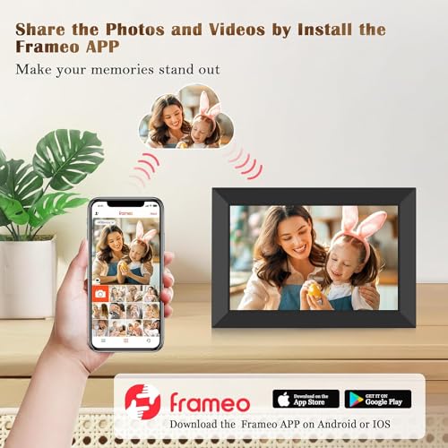 Frameo WLAN Digitaler Bilderrahmen 10,1 Zoll, HD 1280 * 800 IPS Touchscreen Elektronischer FotoRahmen mit 32GB Speicher, Auto Drehung, Einfache Weitergabe von Fotos Videos über Frameo App