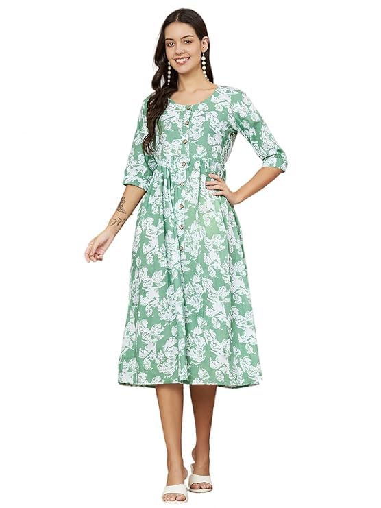 Aaheli Green Floral Printed Cotton Dress – Mandarin Collar with V-Cut, Smocked Waist & Sleeves, Front Button Closure