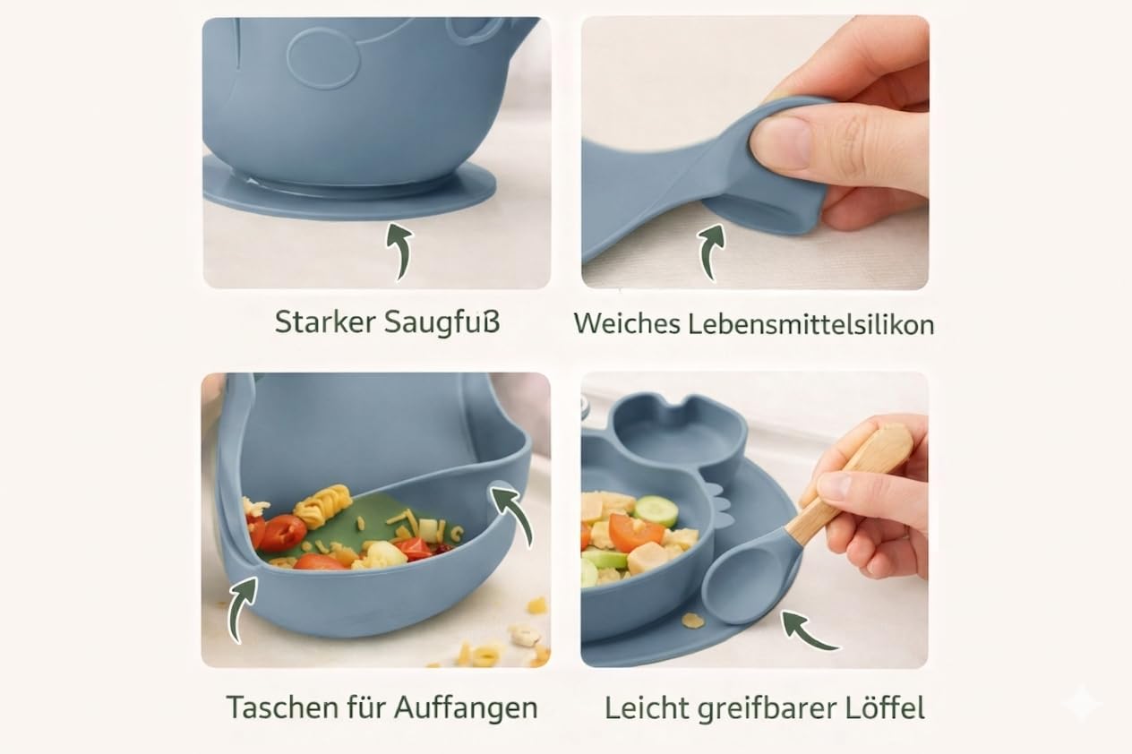 Eliano Lot de 6 assiettes en silicone pour bébé avec assiette crabe – Vaisselle antidérapante pour bébé avec ventouse, gobelet avec paille, cuillère, fourchette et bavoir – Sans BPA, passe au