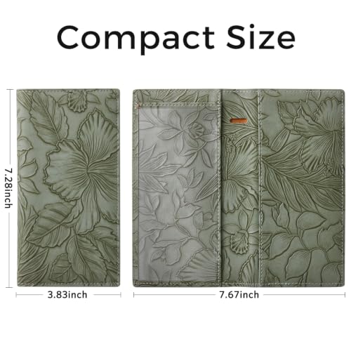 Image of CoBak Premium Leather Checkbook Cover - RFID Blocking, Classic Design, Slim & Durable - Perfect for Personal & Business Checks,Green Embossed Narcissus