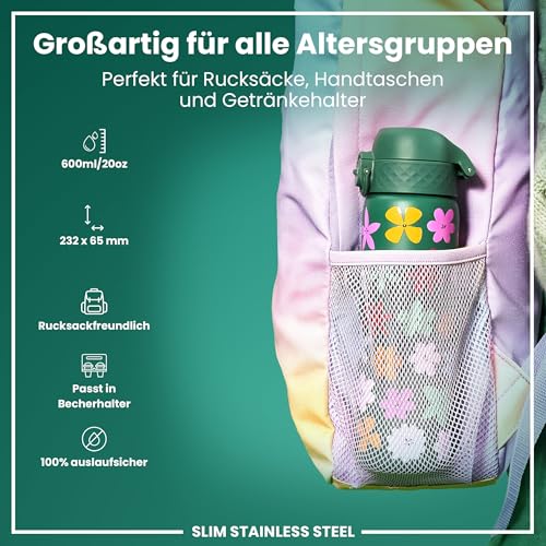 ion8 Leichte Stahl-Trinkflasche, 600 ml/20 oz, Blumen – Ansicht 2
