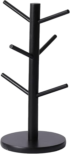 Ahyuan Estante de madera de bambú para tazas de café, té y café, organizador con 6 ganchos extraíble para tazas de bambú (negro, madera)