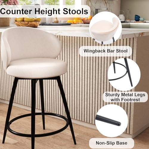 Image of 360 Swivel Modern Bar Stool Set of 2, 26 inch Upholstered Counter Height Bar Stools with Wingback, Soft Linen Fabric, Counter Chairs with Arm for Kitchen Island or Home Bar, Ivory