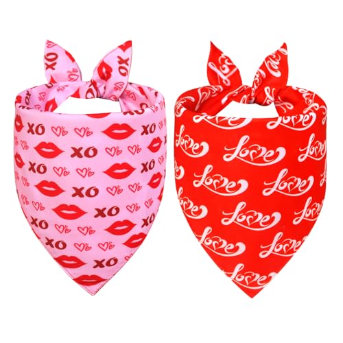 WoffBow Valentine’s Day Dog Bandanas 2-Pack for Large to X-Large Dogs - Reversible Hearts, Lips & XO Scarf, Pink & Red Pet Accessories for Valentine Gift