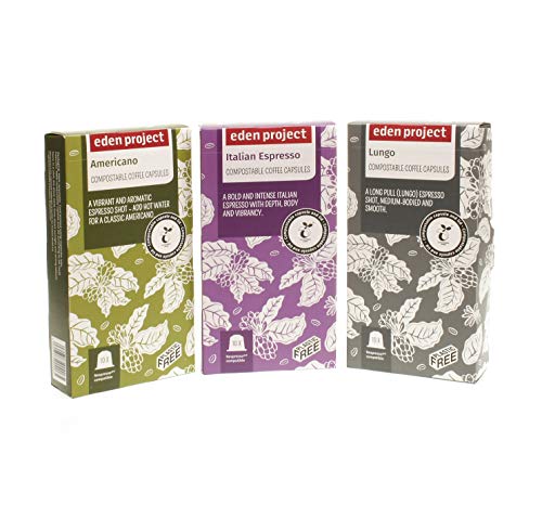 THE EDEN PROJECT Plastic Free Nespresso Compatible Coffee Capsules | ITALIAN COFFEE SELECTION PACK | Home Compostable - Climate Neutral | Italian Espresso, Lungo and Gusto Espresso (30)
