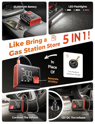 LISEN Tire Inflator Portable Air Compressor - 4 in 1 Tire Inflator 150 PSI 12V DC Portable Tire Inflator for Car, Portable Air Compressor for Car Tires 25,000mAh Battery Fit for Truck/SUV/Car/Bike