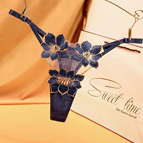 Wodceeke Women's Floral Embroidered Mesh Sheer Lingerie Thongs Panty For Sex Naughty Play See Through Slutty G-String Panties Navy #TOP1