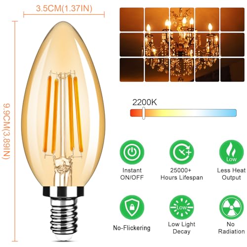 Image of Yochoice 24-Pack Dimmable E12 Candelabra Bulbs 40Watt Equivalent, 2200K Amber Warm White, 380Lumens, 4W B11 Chandelier Light Bulbs, Filament Clear Glass Candle Lamp for Ceiling Fan Home Decor