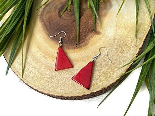 Tagua earrings in red, triangle tagua nut earrings, red organic dangle earrings TAG261 - Image 3