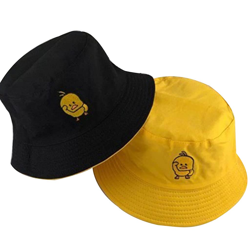 Yourpai Unisex Double-Sided Black And Yellow Fisherman Cap, Yellow Duck Embroidered Bucket Hat Reversible Sunscreen Fisherman Cap