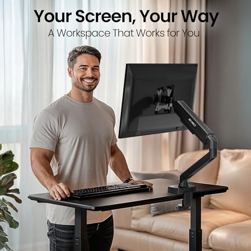 Image of EVEO Premium Single Monitor Arm 14 inch-34 inch, Adjustable Gas Spring Monitor Mount, Single Arm Desk Mount for 34 Inch Computer Screens, VESA Compatible Stand with Clamp and Grommet Base - Black