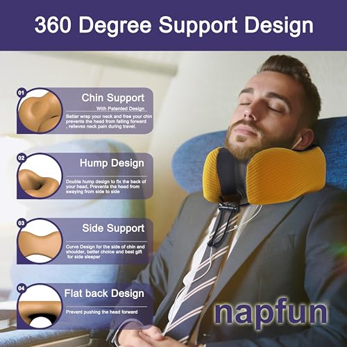 Image of napfun Neck Pillow for Traveling, Upgraded Travel Neck Pillow for Airplane 100% Pure Memory Foam Travel Pillow for Flight Headrest Sleep, Portable Plane Accessories, Yellow
