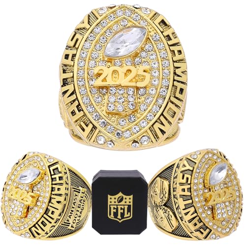 noblehead 2025 Fantasy Football Championship Ring | Heavy FFL Champion Trophy Ring | Gold Silver Tone Plated Award Trophy for Fantasy Football League Winner (1 size 13 with free FFL logo box)