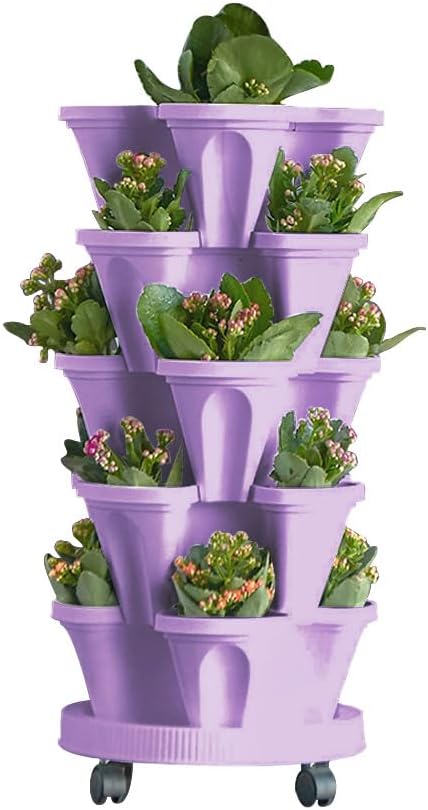5 Tier Stackable Strawberry Planter Vertical Garden Stacking Herb Vegetable Planters with Removable Wheels Saucer, 4- Compartment Pot