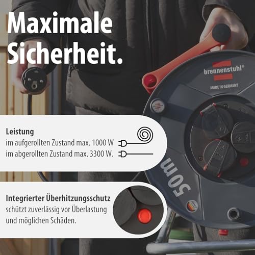 Brennenstuhl Garant V2 IP44 Kabeltrommel 50m outdoor (Made in Germany, 3 Schutzkontakt-Steckdosen, Spezialkunststoff)
