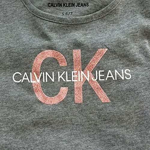 Image of Calvin Klein Girls' 2 Pack Short Sleeve Graphic Logo Tees, Med Grey HTR /Candy Pink, Medium (8 /10)