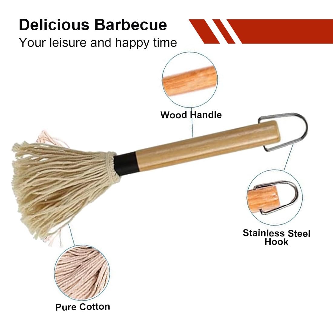 WUSJCOF 1 PCS Grillpinsel BBQ Pinsel Basting Mop Profi Sauce Soßen Marinaden Grillbürste Barbecue mit Holzgriff zum Kochen Braten Grillen (2X Extra Ersatz Köpfe)