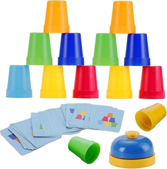 Image of Fast Stacking Cups Game for Kids with Color Pattern Cards & Bell Montessori Speed Cup Challenge Toy | Hand-Eye Coordination, Color Sorting & Motor Skills Set (Fast Stacking Cups Game)