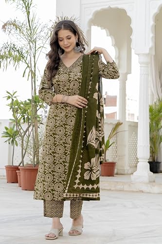 Image of Rangnavi Women's Pure Cotton Printed Straight Kurta with Pants and Dupatta Set | Ethnic Set | Suit Set | Kurta Set