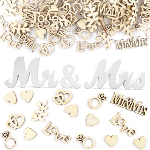 Mr & Mrs Décorations de Mariage avec 100 PCS Confettis Cœur en Bois,Décoration de Table de Mariage,pour Décoration M-ariage Nuptiale Accessoires Photo...
