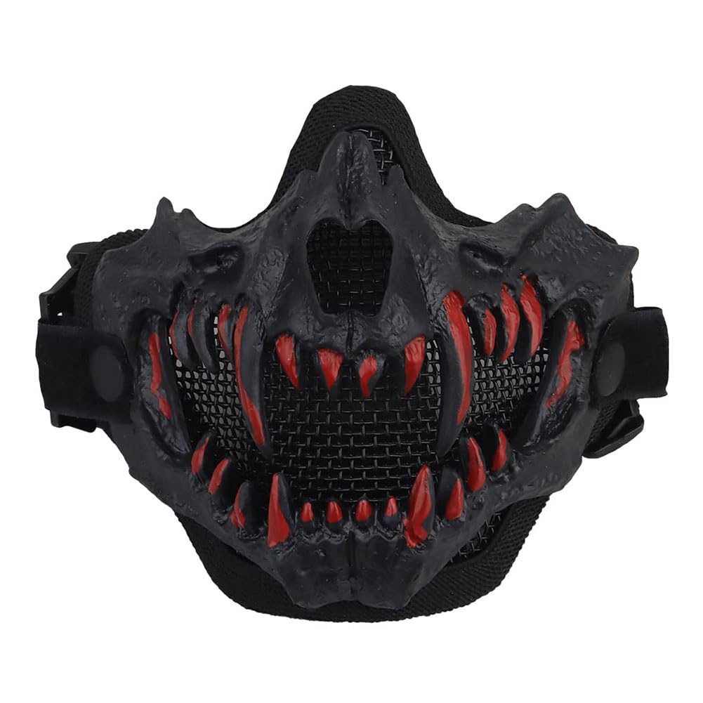 Tactical Half Skull Masks, Airsoft Protective Mesh Mask, Fang Mask for Halloween,Carnival,Christmas and Cosplay (Black)
