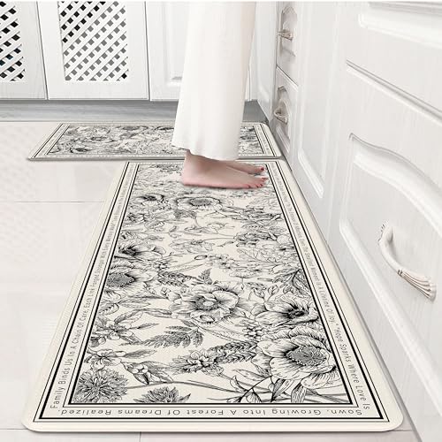 VivaNest Beige Minimalist Black Line Art Floral Kitchen Rug Sets [2 PCs], Anti-Fatigue, Waterproof Non-Slip Kitchen Mats Heavy Duty Comfort Foam Rug for Kitchen, Floor, Laundry,17'x29'+17'x47'