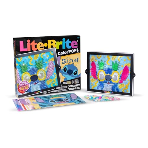Basic Fun Lite-Brite Colour Pop Disney Stitch Light-Up Creative Toy with 6 Templates 650 Colourful Pegs & 4 Light Modes HD Grid Art Set for Stitch Fans