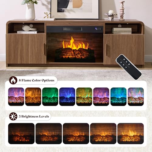 Image of AMERLIFE 70 inch Fluted Fireplace TV Stand for TVs Up to 80 inch, Modern TV Console with 30 inch Electric Fireplace & Storage Cabinets, Media Entertainment Center for Living Room, Brown