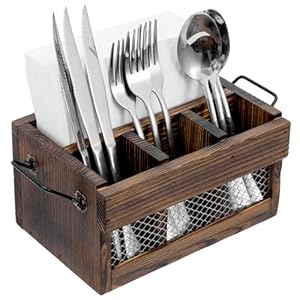   MyGift-Rustic-Brown-Wood-Utensil-Holder-and-Napkin-Rack-with-Black-Metal-Carry-Handles-and-Chicken-Wire-Front-Panel-Dining-Flatware-Cutlery-Storage-Caddy